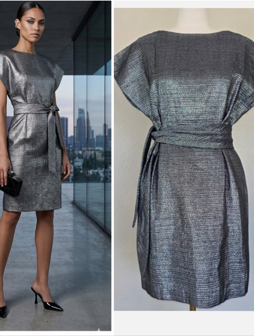 Veronica Beard Metallic Blue Silver Dress Structured Cap Sleeve Belted Mini